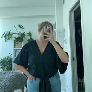 Black silky tie front blouse